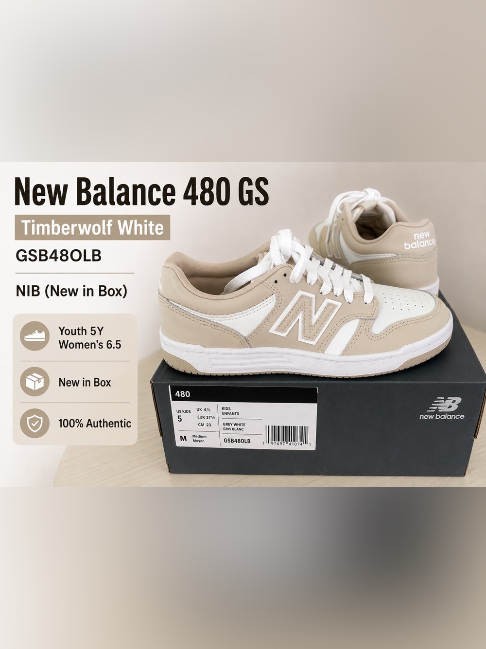 New Balance 480 GS Timberwolf White/cream GSB48OLB NIB 5Y ( fits Women's 6.5)